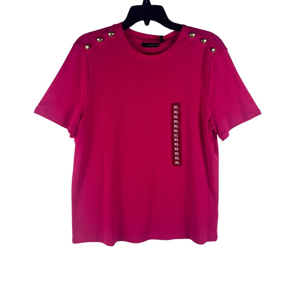 Rafaella Womens XL Hot Pink Crew Neck Top Gold Button Shoulder Short Sleeve NWT